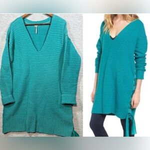 Free People Heart It Lace Up Sweater Dress sz S Oversize Teal Knit Tunic Winter‎